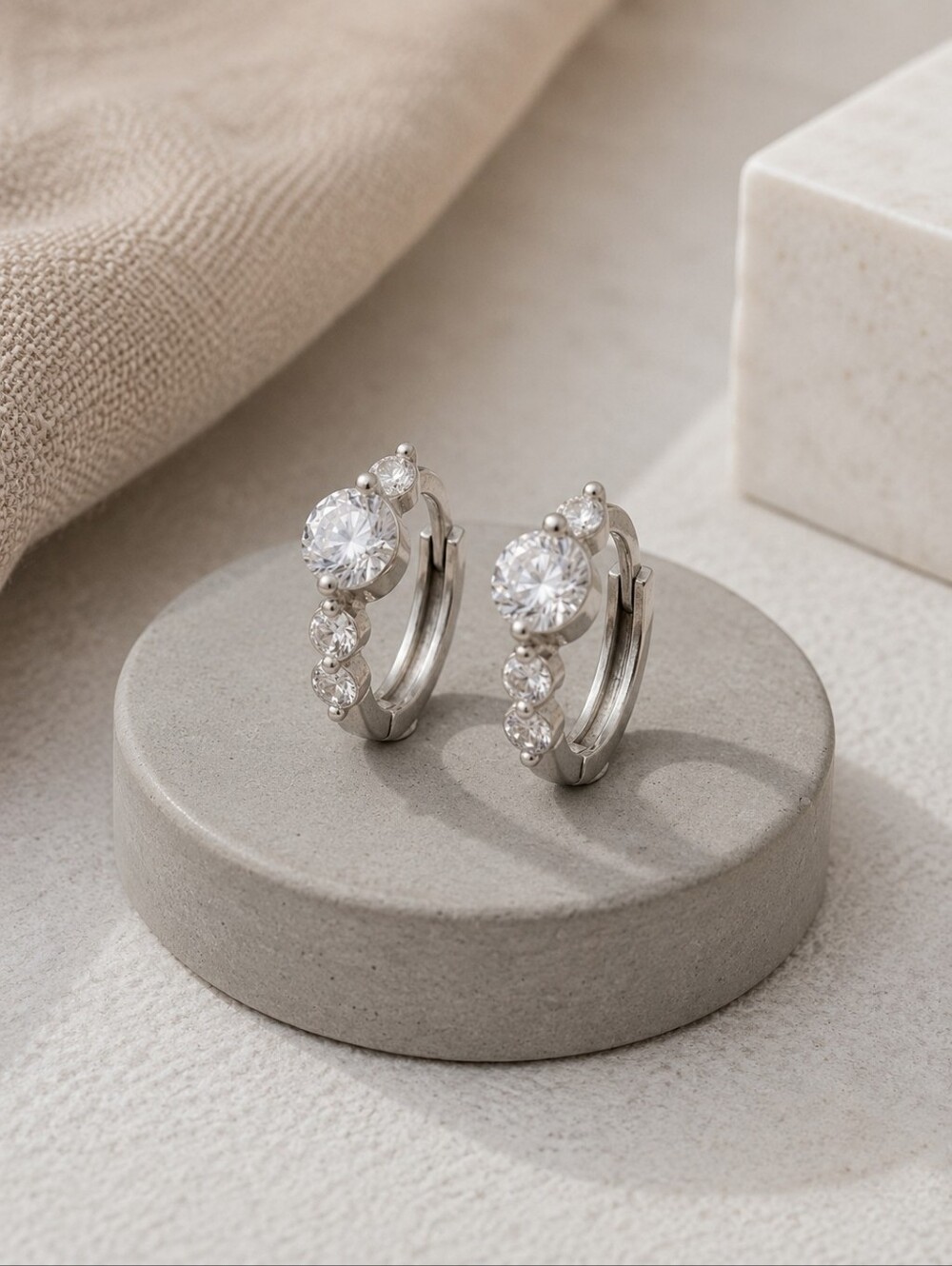 Sterling Silver Cubic Zirconia Huggie Hoop Earrings Clean Girl Silver 0.45" - Picture 7 of 15